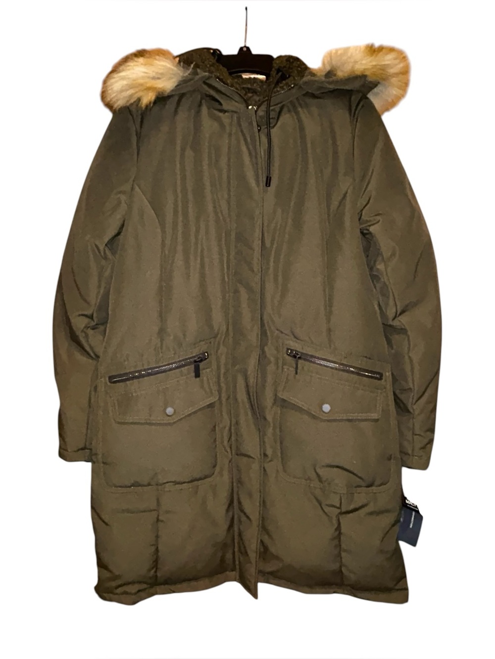 French Connection Down Parka Womens Medium Faux Fur Hood Winter Coat Green NWT‎